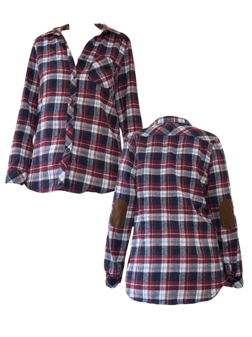 Burgundy Plaid Button-Up Shirt with Elbow Patches